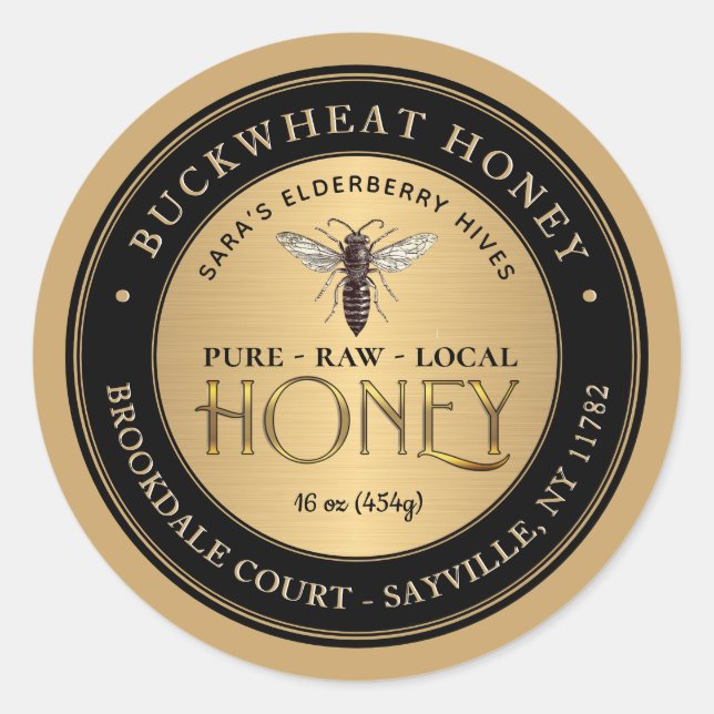 Gold Black Buckwheat Honey Label Vintage Queen Bee (Front)