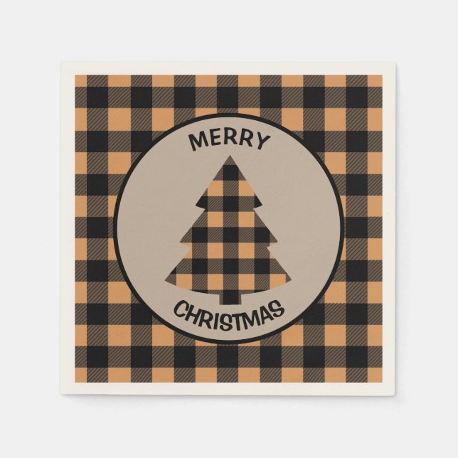 Gold Black Buffalo Plaid Christmas Tree Napkin (Front)