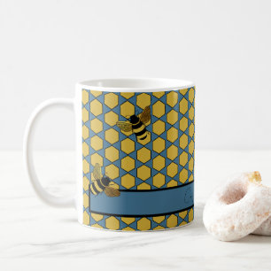 GOLD BLACK BUMBLE BEES ON BLUE HONEYCOMB PATTERN  COFFEE MUG