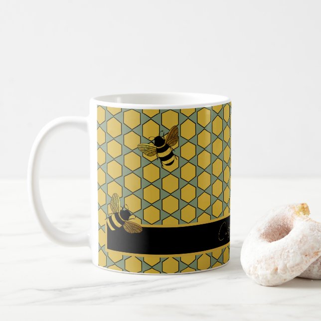 GOLD BLACK BUMBLE BEES ON GREEN HONEYCOMB PATTERN  COFFEE MUG (With Donut)
