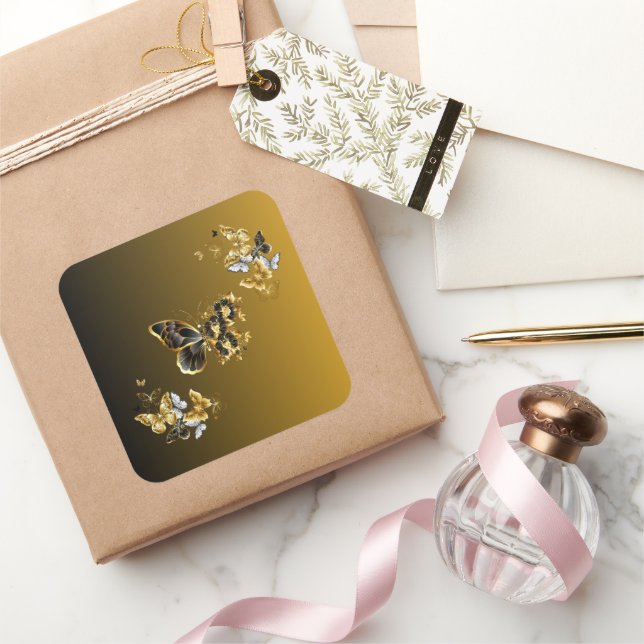 Gold & Black Butterfly Bloom Square Sticker (Gifting)
