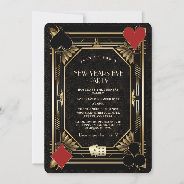 Gold Black Casino Vegas Gatsby New Year's Eve Invitation (Front)