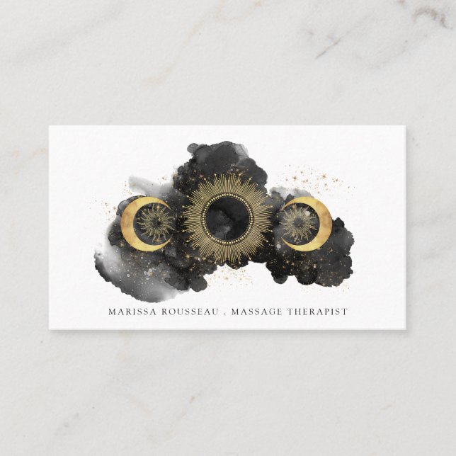 Gold Black Celestial Massage Therapist Business Card (Front)