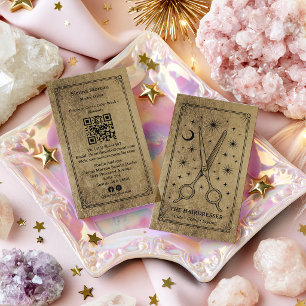 Gold Black Celestial Tarot Hairdresser QR Code Business Card