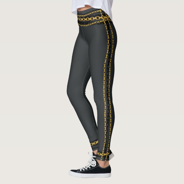 Gold & Black Chain Trim Charcoal Grey Leggings (Left)