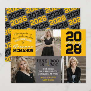 Gold & Black Chalkboard 3 Photo Graduation Invitation
