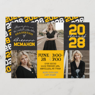 Gold & Black Chalkboard 3 Photo Graduation Invitation