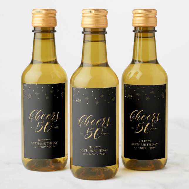 Gold & Black Cheers 50 years, 50th Birthday Party Wine Label (Bottles)
