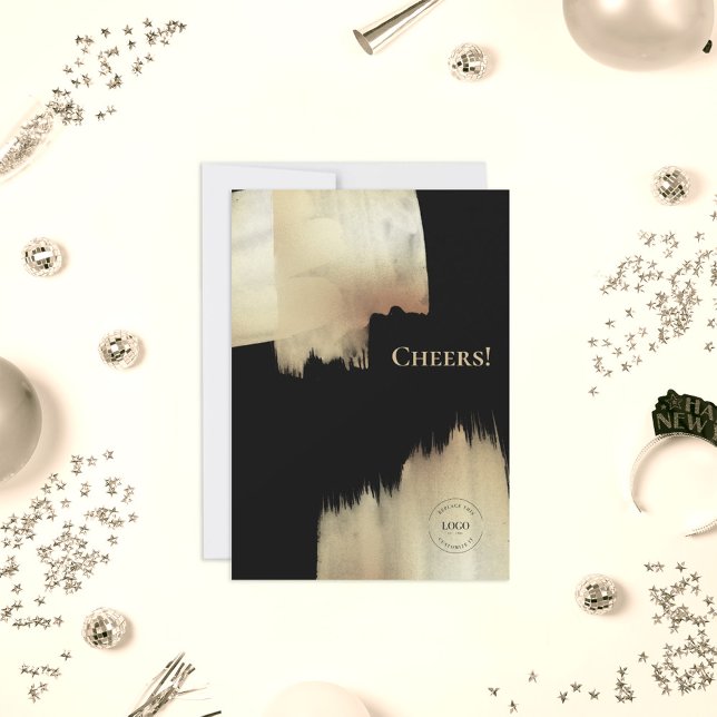 Gold Black Cheers Happy New Year with Logo Holiday Card (Creator Uploaded)