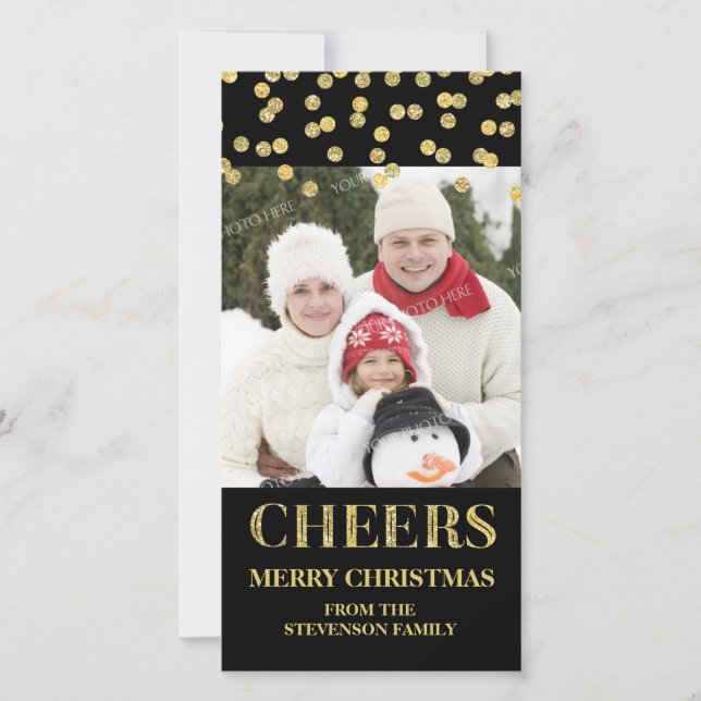 Gold Black Cheers Merry Christmas Confetti Photo Holiday Card (Front)