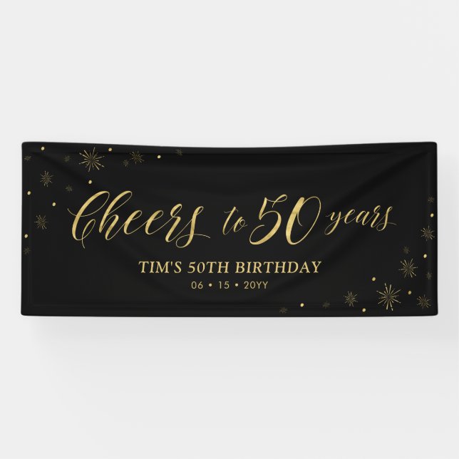 Gold & Black | Cheers to 50 Years 50th Birthday Banner (Horizontal)