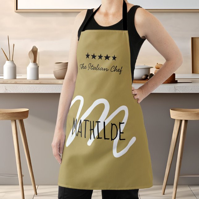 Gold Black Chef Monogram Modern Name Apron (Chef Monogram Gold Black Modern Typography Name Apron)