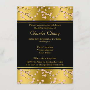 Gold, Black Cherry Blossoms 50th Birthday Invite