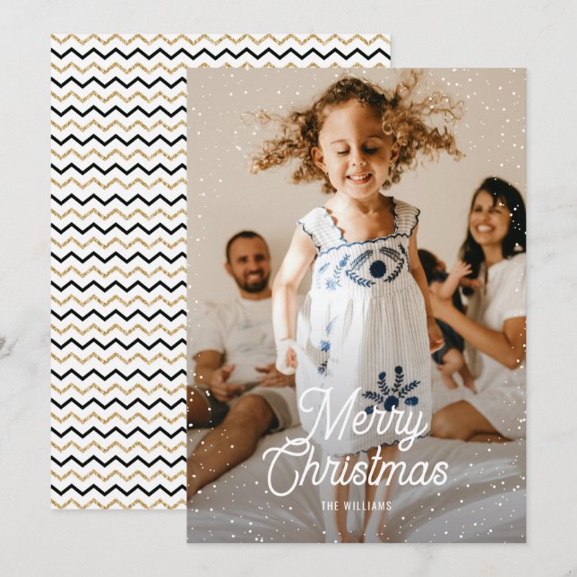 Gold Black Chevron Snow Family Photo Christmas Holiday Card (Front/Back)
