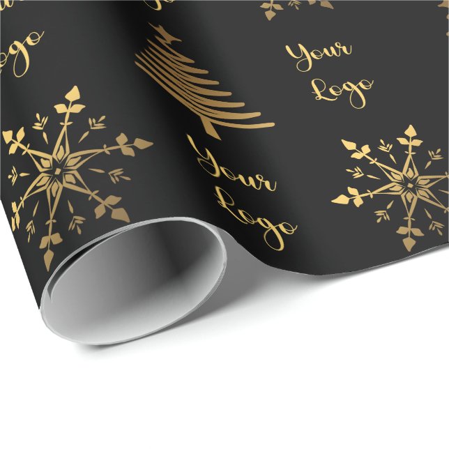 Gold Black Chic Christmas Tree Retail Custom Logo Wrapping Paper (Roll Corner)