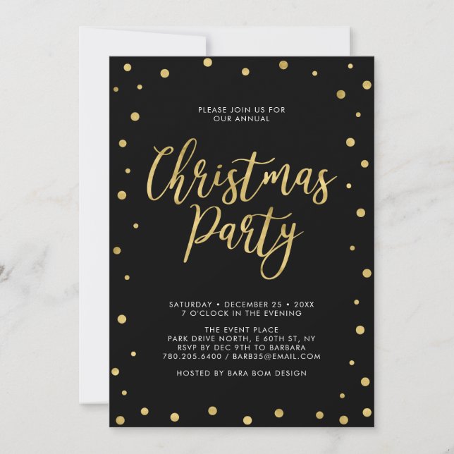 Gold & Black Chic Confetti Christmas Holiday Party Invitation (Front)