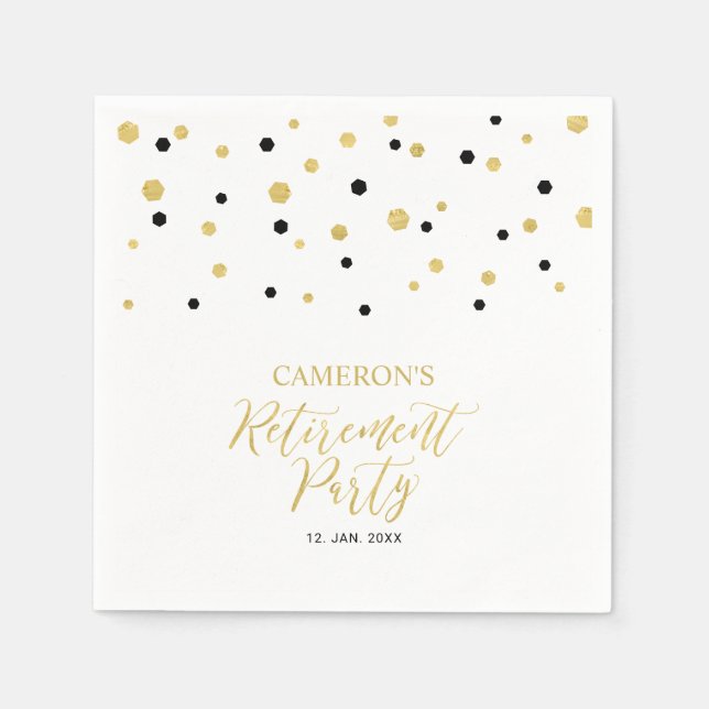 Gold & Black Chic Confetti Retirement Party Napkin (Front)