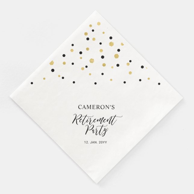 Gold & Black Chic Confetti Retirement Party Napkin (Corner)