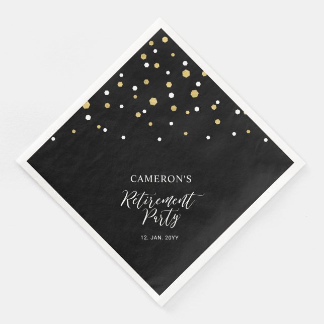Gold & Black Chic Confetti Retirement Party Napkin (Corner)