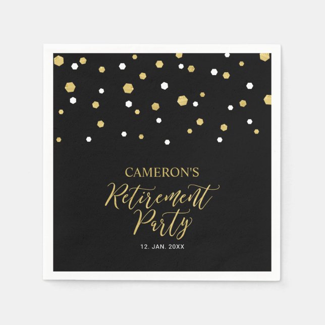 Gold & Black Chic Confetti Retirement Party Napkin (Front)