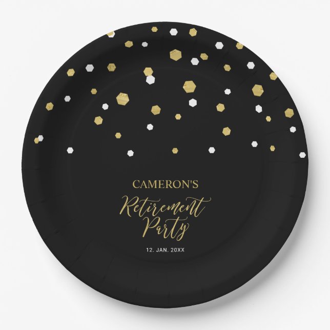 Gold & Black Chic Confetti Retirement Party Paper Plate (Front)