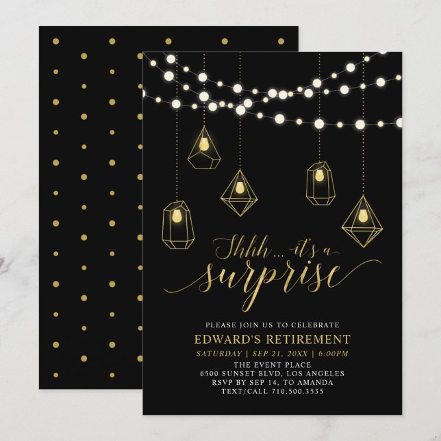Gold & Black Chic Modern Surprise Retirement Party Invitation (Front/Back)