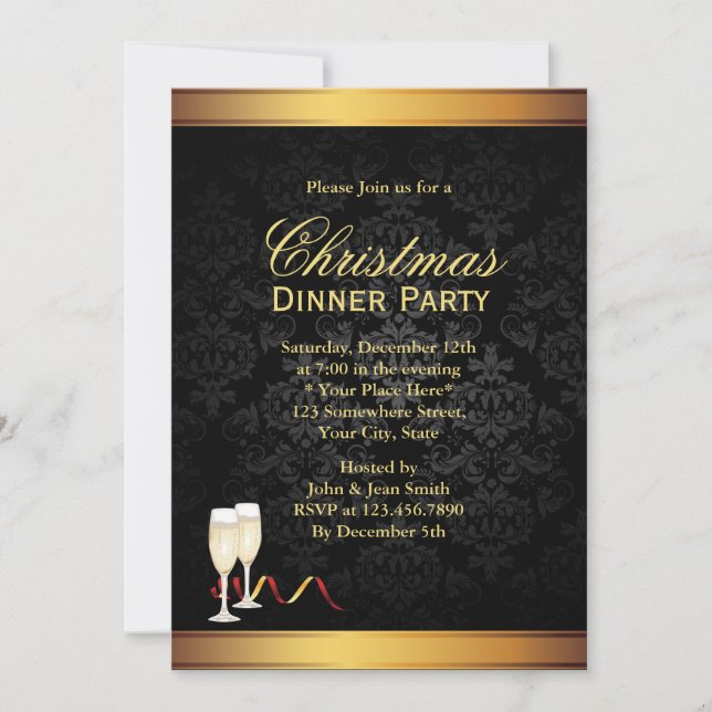 Gold & Black Christmas Dinner Party Invitations (Front)