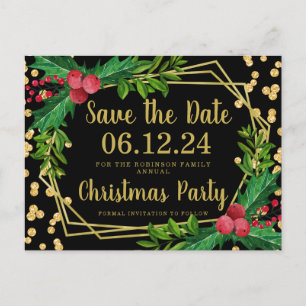 Gold Black Christmas Save Date Holly Glitter Announcement Postcard
