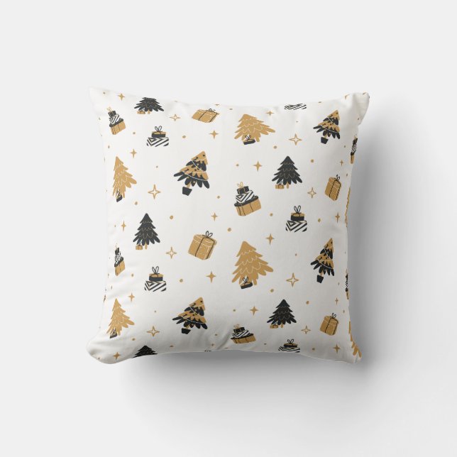 Gold Black Christmas Tree and Gifts Pattern Cushion (Front)