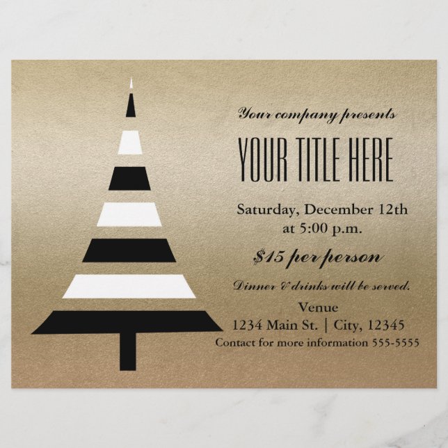 Gold & Black Christmas Tree Holiday Party Flyer (Front)