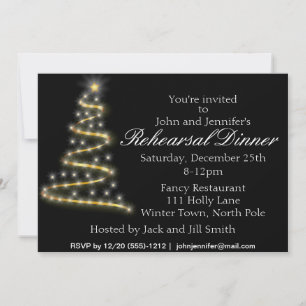 Gold Black Christmas Tree Rehearsal Dinner Invitation