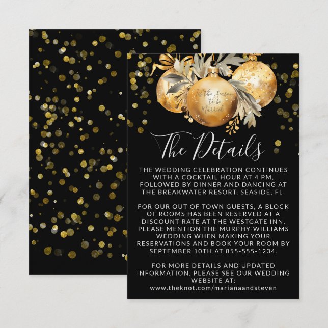 Gold Black Christmas Wedding Details Enclosure Card (Front/Back)