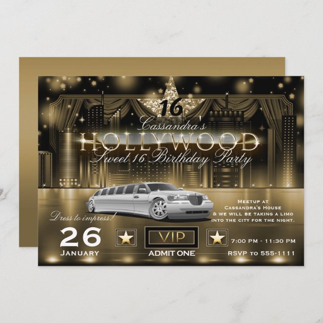 Gold Black City Night Lights Limo Hollywood Party Invitation (Front/Back)
