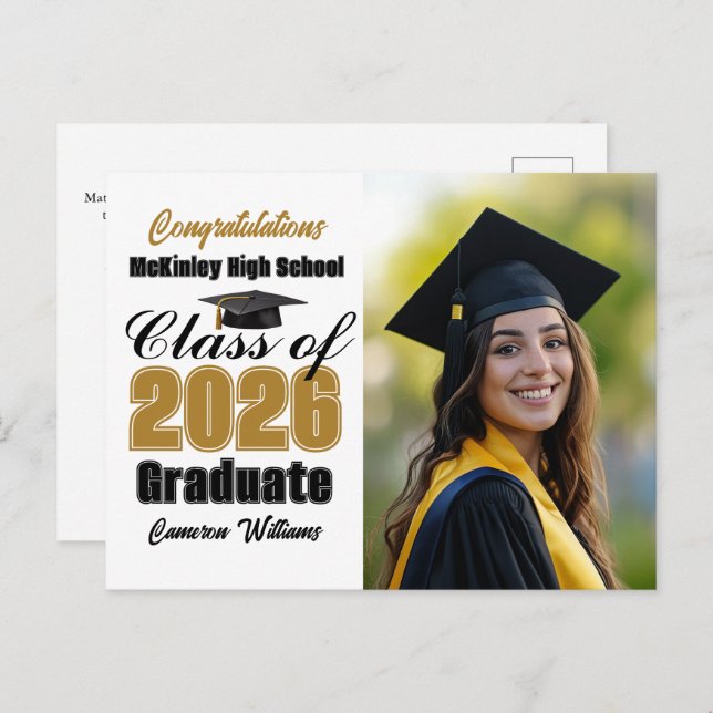 Gold Black Class of 2026 Graduate Photo Graduation Announcement Postcard (Front/Back)