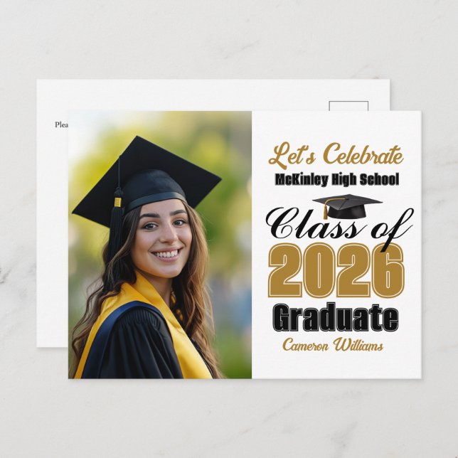 Gold Black Class of 2026 Photo Graduation Party Invitation Postcard (Front/Back)
