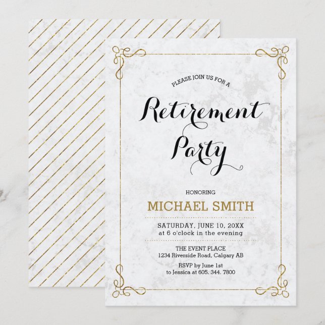 Gold & Black | Classic Marble Retirement Party Invitation (Front/Back)