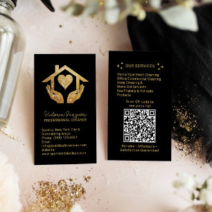 Gold Black Cleaning Service Maid QR Code Logo Business Card
