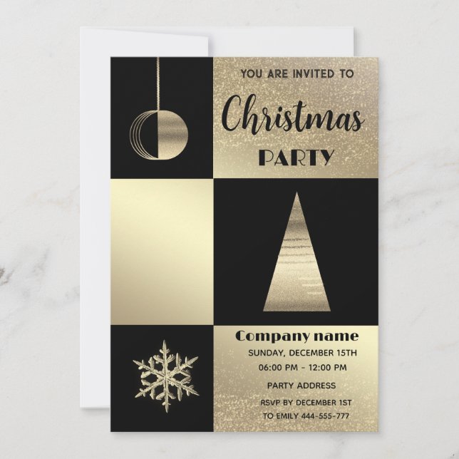 Gold black  colour block corporate Christmas party Invitation (Front)