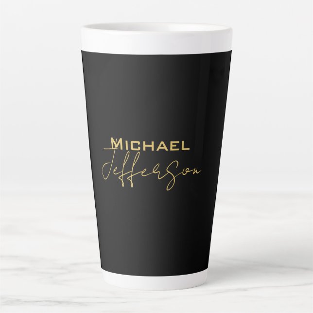 Gold black colour elegant modern minimalist name latte mug (Front)