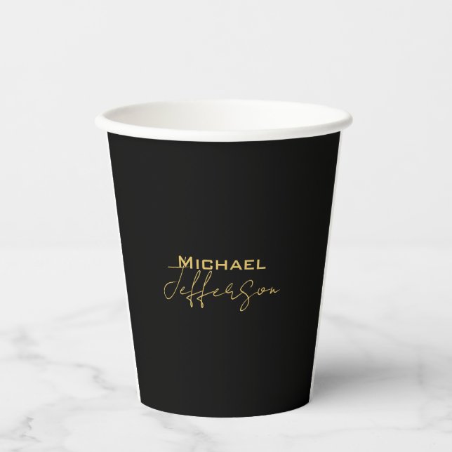 Gold black colour elegant modern minimalist name paper cups (Front)