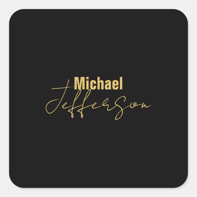 Gold black colour elegant modern minimalist name square sticker (Front)