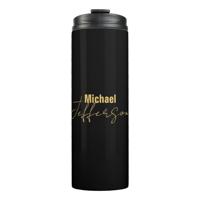 Gold black colour elegant modern minimalist name thermal tumbler (Front)