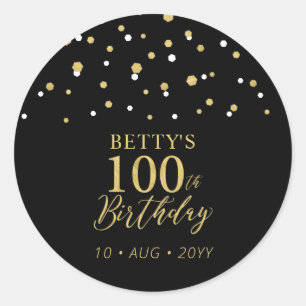 Gold & Black Confetti 100th Birthday Party Favour Classic Round Sticker