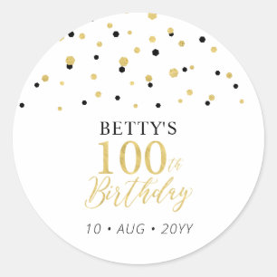 Gold & Black Confetti 100th Birthday Party Favour Classic Round Sticker