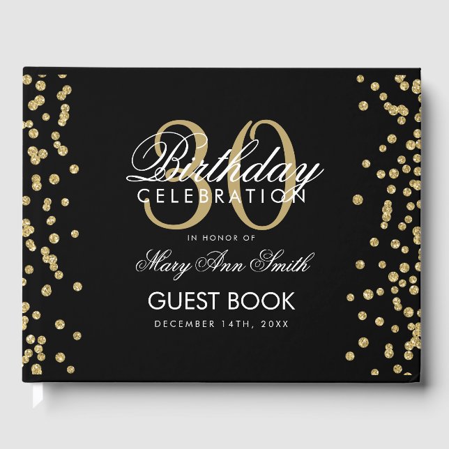 Gold Black Confetti 30th Birthday Party Guest Book (Front)