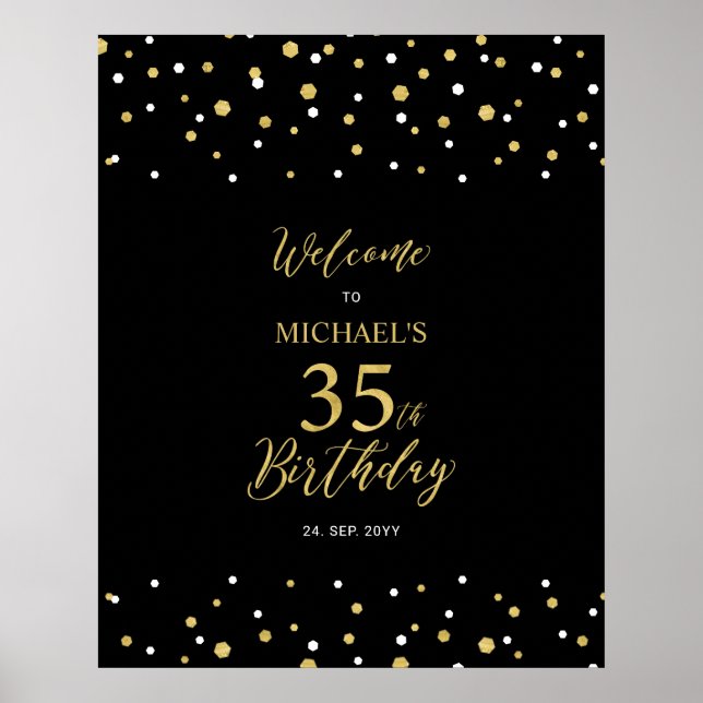 Gold & Black Confetti 35th Birthday Party Welcome Poster (Front)