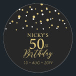 Gold & Black Confetti 50th Birthday Party Favour Classic Round Sticker<br><div class="desc">This simple gold & black sticker will add stylish detail to your special day. This design features modern gold script "50th Birthday",  hexagon confetti with custom text. Matching birthday invitations and party supplies are available in my shop BaraBomDesign.</div>