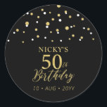 Gold & Black Confetti 50th Birthday Party Favour Classic Round Sticker<br><div class="desc">This simple gold & black sticker will add stylish detail to your special day. This design features modern gold script "50th Birthday",  hexagon confetti with custom text. Matching birthday invitations and party supplies are available in my shop BaraBomDesign.</div>