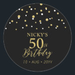 Gold & Black Confetti 50th Birthday Party Favour Classic Round Sticker<br><div class="desc">This simple gold & black sticker will add stylish detail to your special day. This design features modern gold script "50th Birthday",  hexagon confetti with custom text. Matching birthday invitations and party supplies are available in my shop BaraBomDesign.</div>