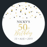 Gold & Black Confetti 50th Birthday Party Favour Classic Round Sticker<br><div class="desc">This simple gold & black sticker will add stylish detail to your special day. This design features modern gold script "50th Birthday",  hexagon confetti with custom text. Matching birthday invitations and party supplies are available in my shop BaraBomDesign.</div>